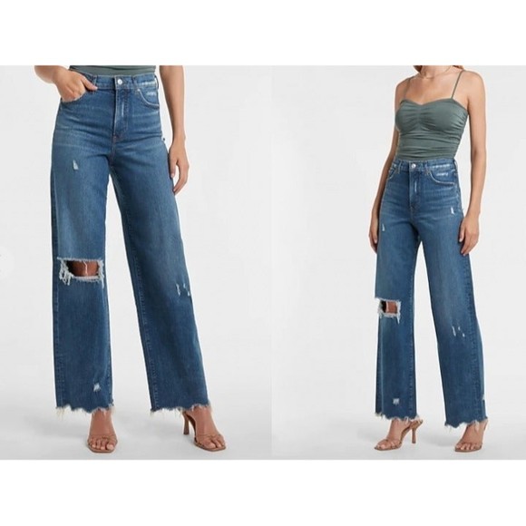 EXPRESS Super High Waisted Ripped Raw Hem 90s Wide Leg Jeans 14 L - Picture 1 of 12